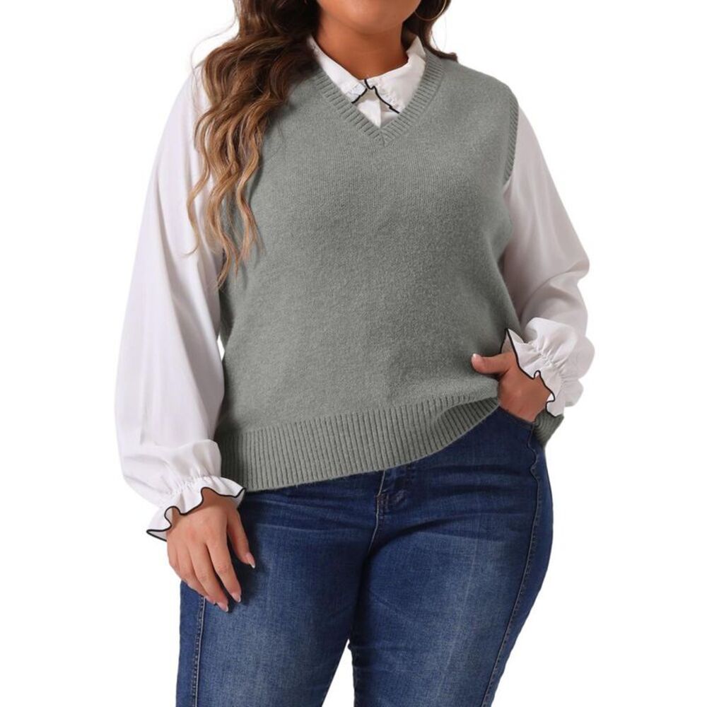 Women's Plus Size V-Neck Classic Sleeveless Pullover Sweater Vest - Gray 2X